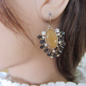 Black & clear rhinestone pierced dangling earrings & honey yellow faceted bead